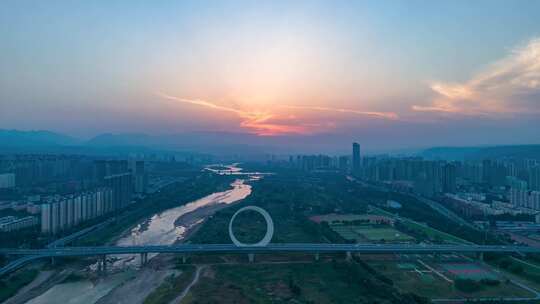 陕西宝鸡夕阳晚霞航拍延时