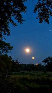夜晚森林上空的月亮与星空