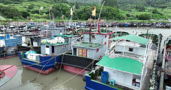 台风天躲避在渔港的渔船
