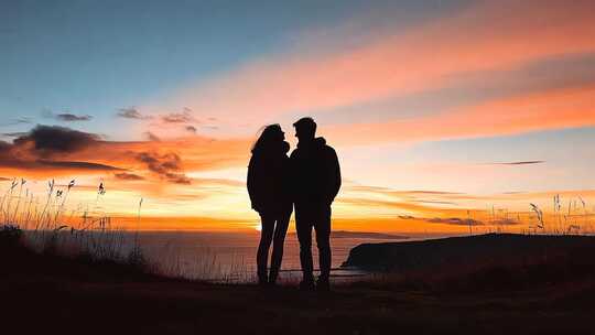 七夕情人节520海边日落情侣夕阳剪影爱情