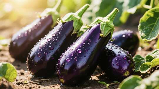 田地里带水珠的新鲜茄子