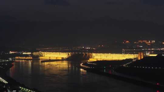 三峡大坝夜景特写航拍