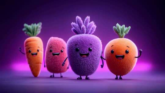 毛茸茸卡通蔬菜家族的紫色背景合影