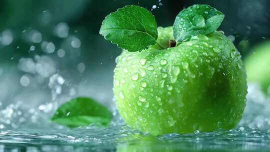青苹果新鲜食物绿色水果广告苹果落水素食