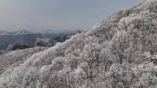 航拍焦作云台山峰林峡山脉冬季雾凇雪景