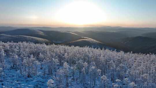 大兴安岭林海雪原寒冬夕阳雪景