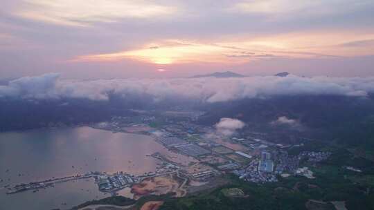 福建霞浦海湾渔村日落风景航拍