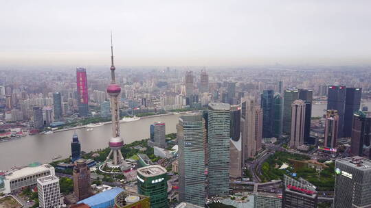 4k上海城市外滩日落全景航拍