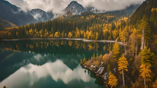 山林湖泊秋日全景