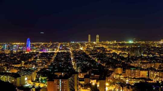 日转夜城市航拍天际线飞机飞过城市夜景灯光