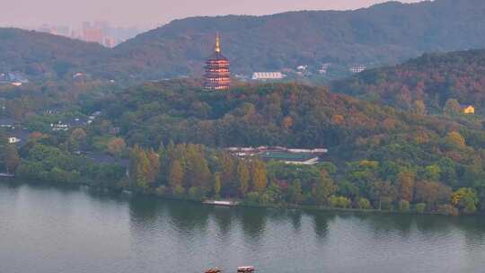 唯美杭州西湖雷峰塔景区大自然风光群山航拍