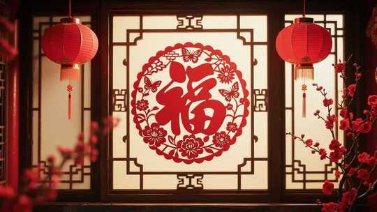 中式窗户福字剪纸灯笼画面