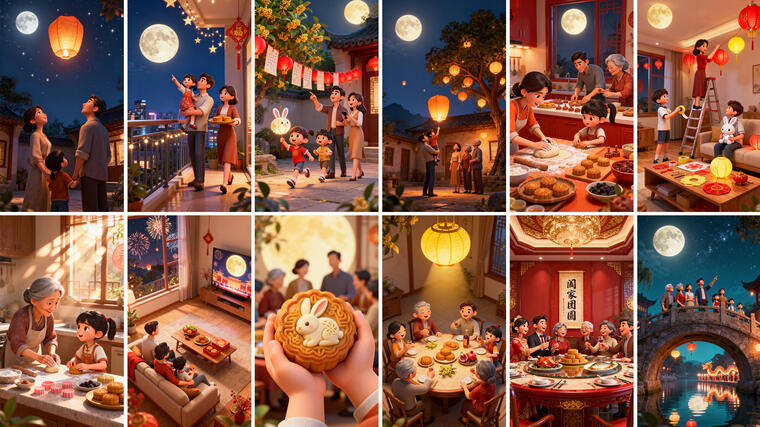 中秋佳节阖家团圆喜庆3D动画竖屏