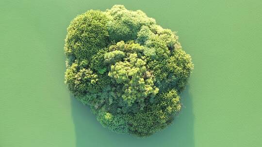 俯拍湖面小岛树林绿色原始森林自然生态植被视频素材模板下载