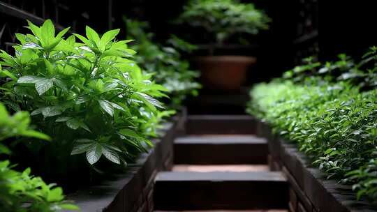 绿植盆栽点缀的幽静台阶小路