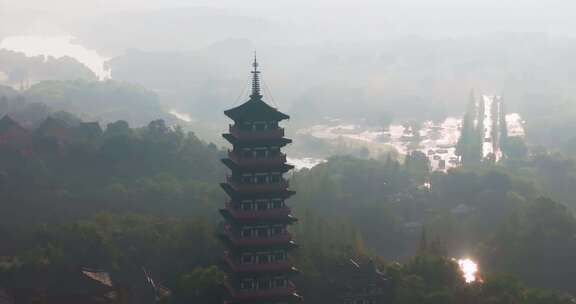 江苏省扬州市瘦西湖大明寺晨曦云雾风光航拍