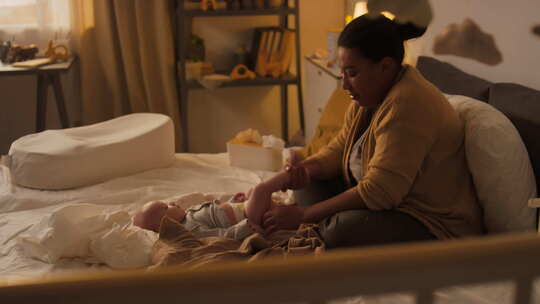 快乐的妈妈在卧室里为新生儿换尿布