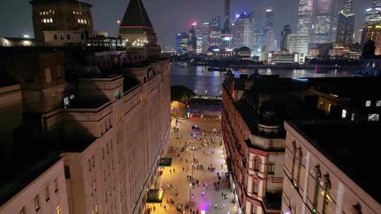 上海夜景航拍外滩南京东路黄浦区城市夜晚风