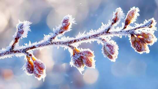 4K冬天树枝花蕊叶子结冰雪景