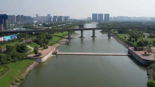 咸阳沣河铁路桥航拍城市风景