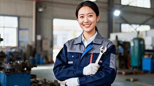 车间女工人手持扳手形象