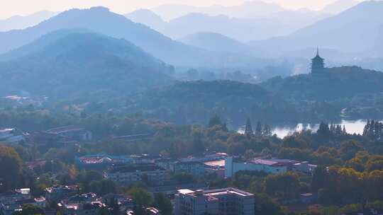 西湖雷峰塔景区大自然风光群山航拍杭州风景