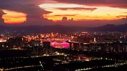 夕阳电塔城市航拍