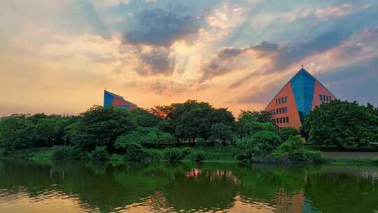 松山湖航拍夕阳东莞松山湖落日