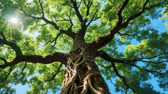 仰视参天大树与阳光