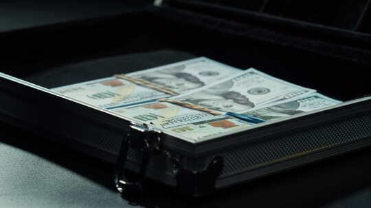 数美国百元钞票，把钱放在金属手提箱里