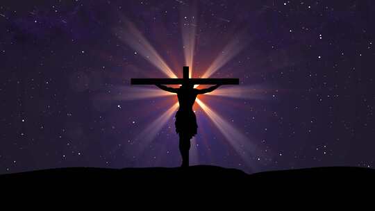 耶稣钉十字架山顶和发光的明亮的光出现了很