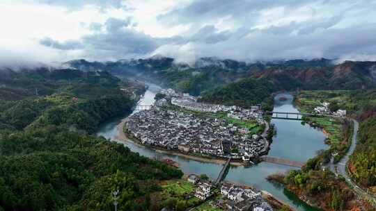 航拍江西上饶婺源汪口村徽派建筑田园风光