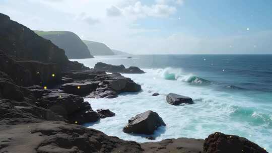 4k海岸边岩石经受着海浪冲刷活动大屏