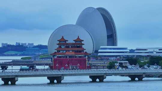 广州珠海日月贝大剧院情侣路海滩高空航拍