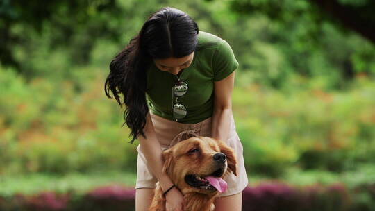 美女和金毛犬在夏天公园里玩耍揉捏狗头