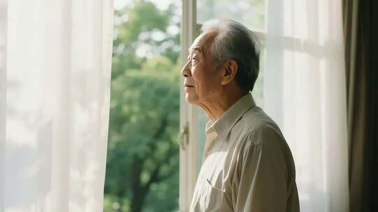 老人窗边眺望风景画面