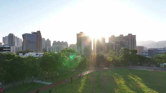 香港油麻地配水库休憩花园清晨航拍