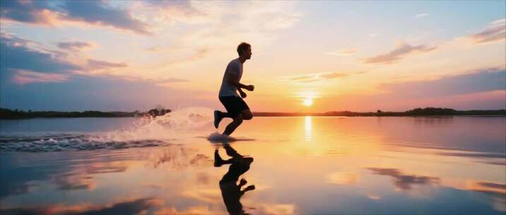男子日落时分湖边跑步素材