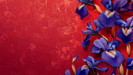 红色背景紫色鸢尾花画面