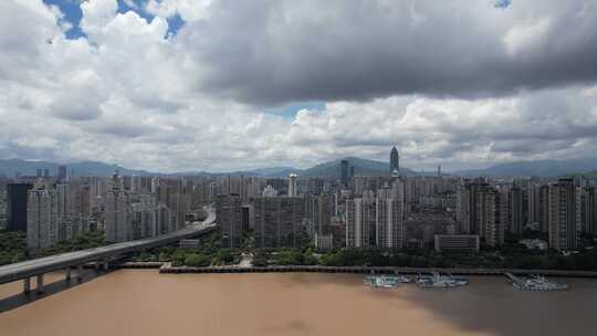 浙江温州瓯江城市高楼建筑蓝天白云航拍