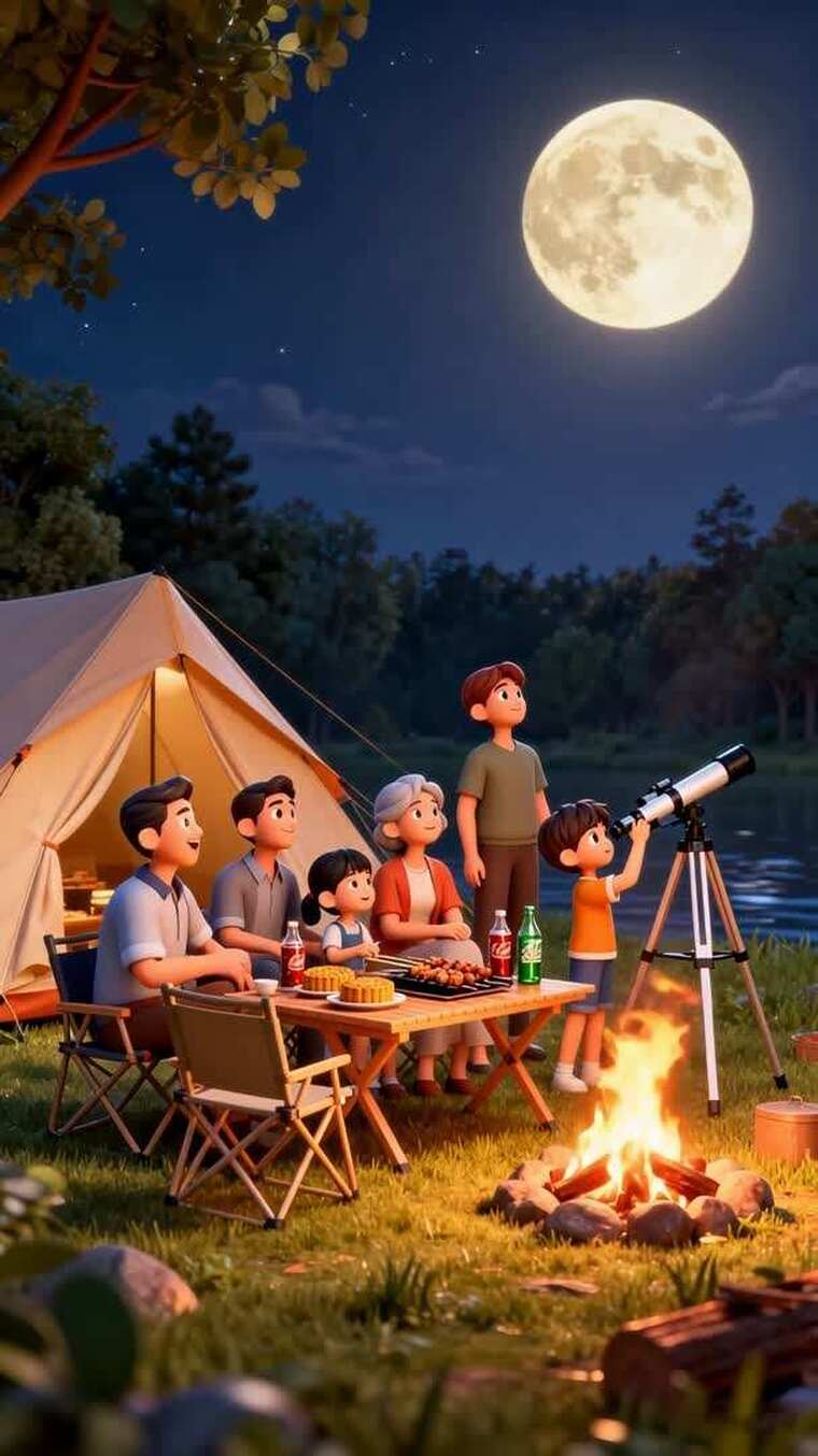家庭户外露营赏月观星场景