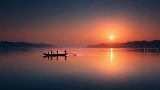 静谧湖面渔船剪影映衬日落余晖