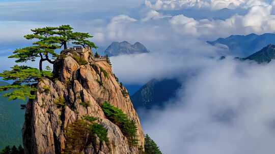 安徽黄山云海迎客松雾气山峰树林自然风景