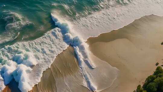 航拍海浪拍打沙滩全景