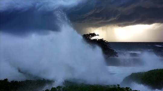 乌云下波涛汹涌的海浪景象