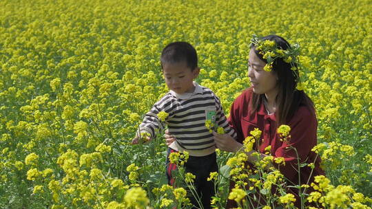 春天中国女性和小朋友在油菜花田地中玩耍