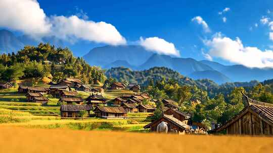 唯美金黄稻田与传统古村落美丽乡村稻香民居