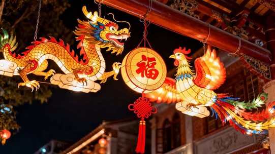 传统建筑下龙凤造型灯笼