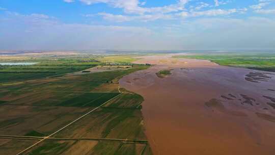 黄河平原稻田航拍河滩河道湿地