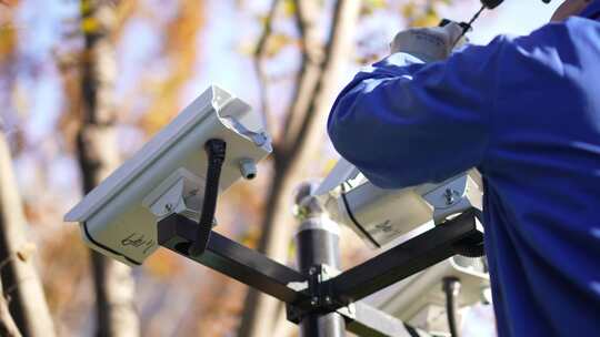 工程师在住宅小区内安装监控安防设备摄像头视频素材模板下载